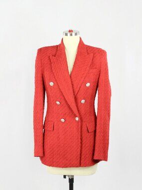 ZARA Red Boucle Tweed Double Breasted Kate Middleton Blazer Suit Jacket, Size XS